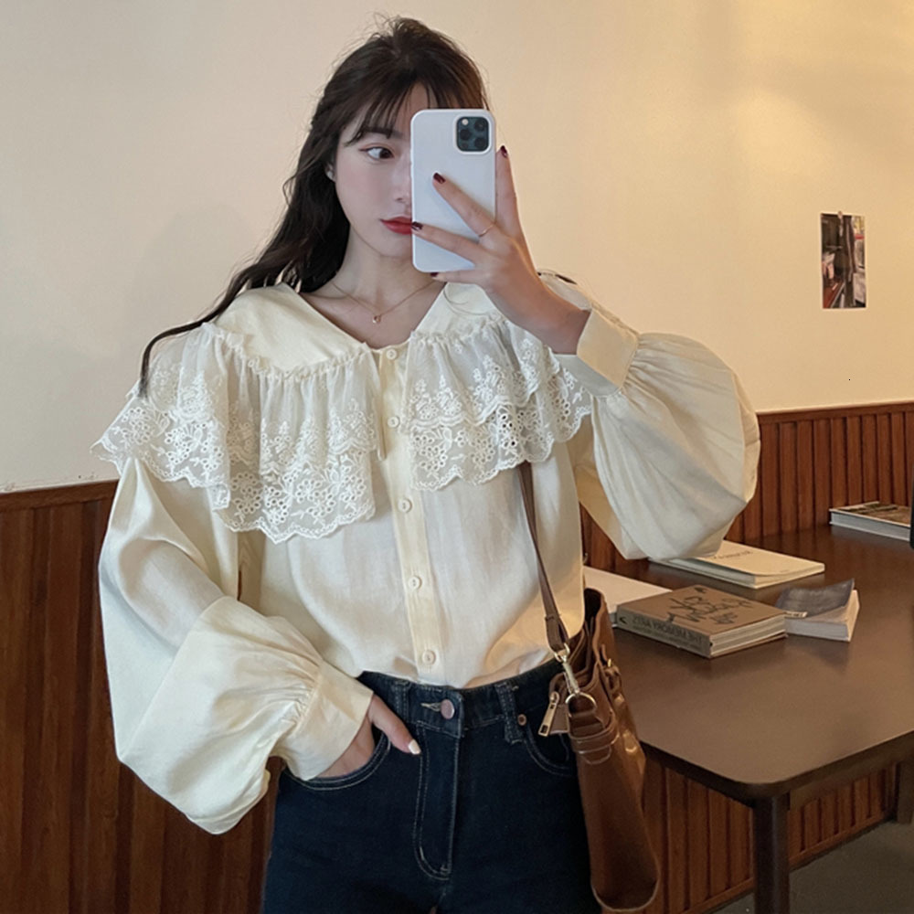 

2021 Japanese Style Spring and Autumn Shirt New Temperament Fashion Simple Lace Casual Single Breast Lantern Cover C9wg, Black