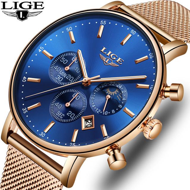 

Wristwatches LIGE Fashion Men Watches Male Top Quartz Watch Casual Slim Dress Waterproof Sport WristWatch Relogio Masculino, Rose gold blue