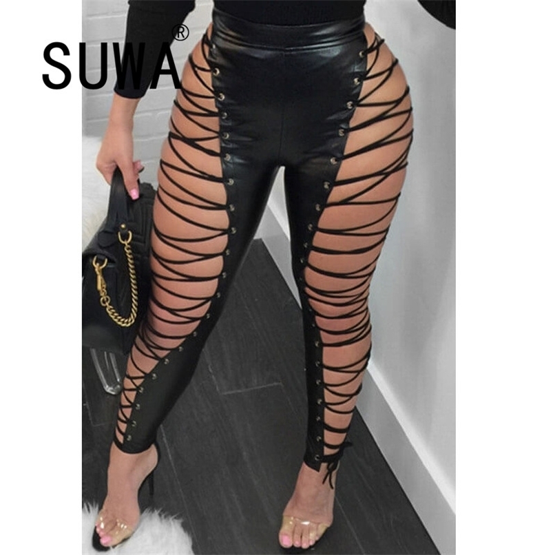

Women Sexy Nightclub PU Pants INS test Hollow Out Lace-up Zipper High Waist Skinny Ladies Chaparajos Spring K-POP Style 210525, Black