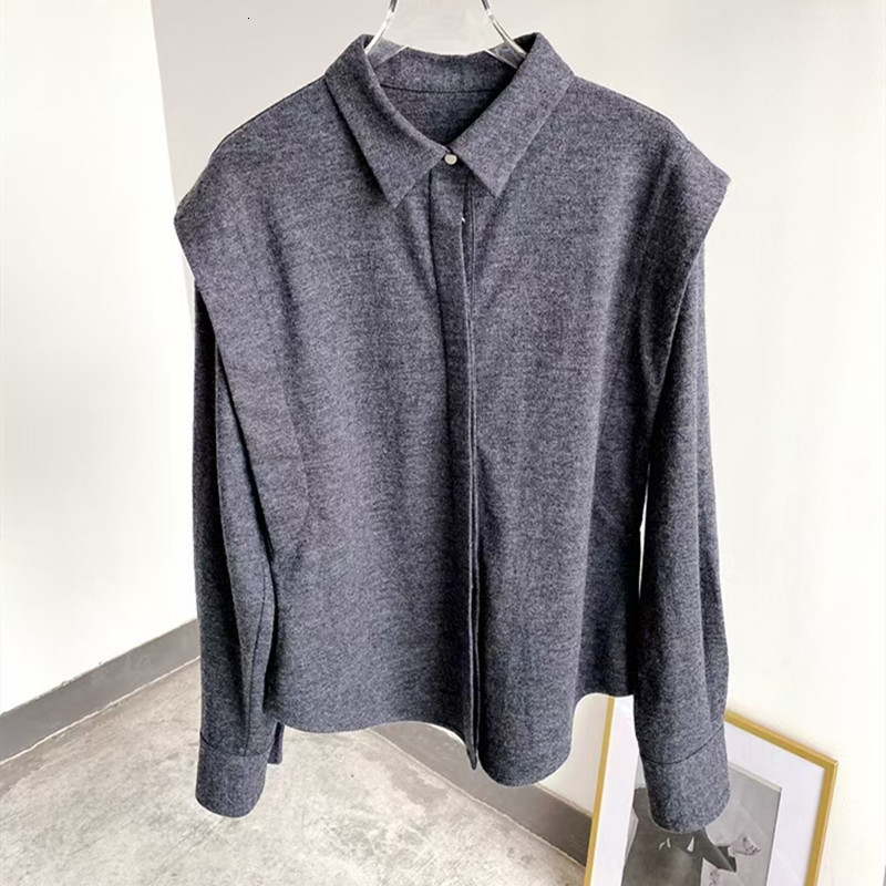 

2021 New Fake Two Pieces Women 100% Wool Blouse Turn-down Collar Stitching Long Sleeve Top Dark Gray Shirt 3dr4, Black