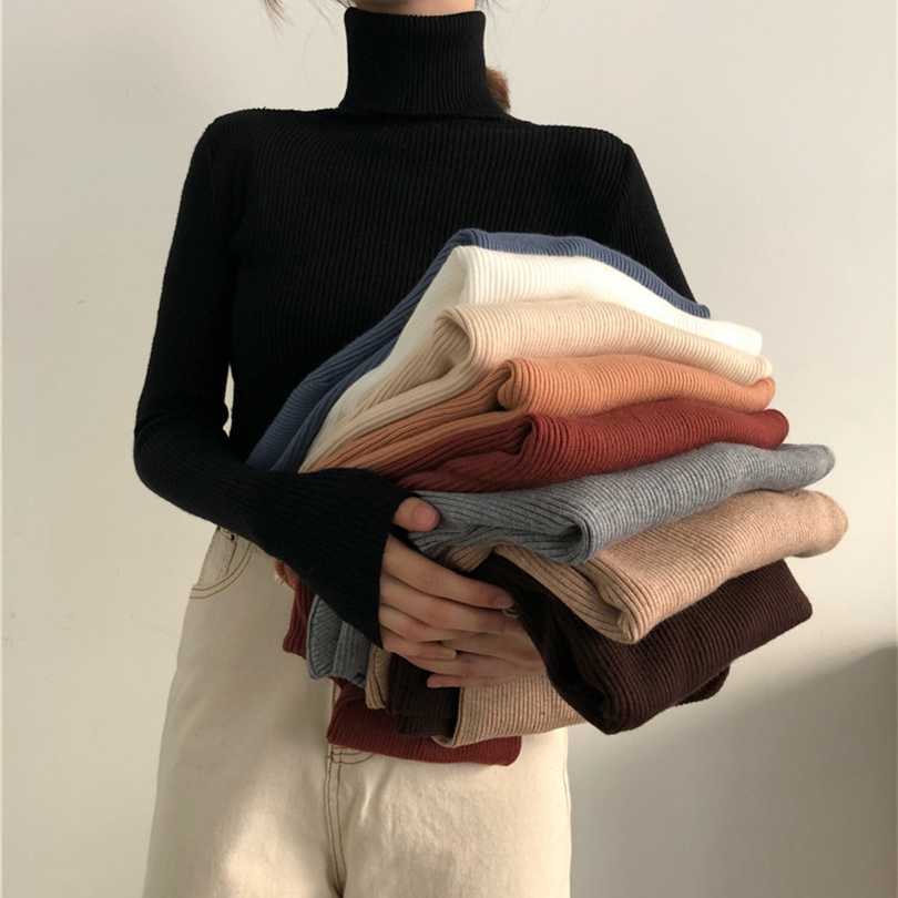 

Women Turtleneck Sweaters Autumn Winter Korean Slim Pullover Basic Tops Casual Soft Knit Sweater Warm Jumper 211018, Caramel