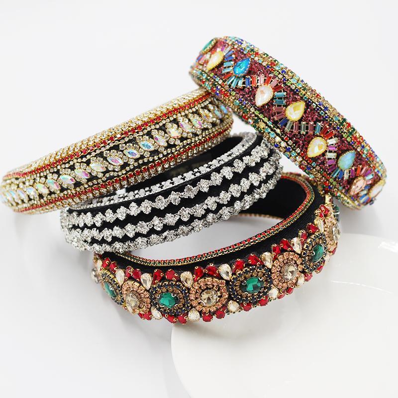 

Sponge Retro Color Rhinestone Headband Style Baroque Fashion Wide-rim Colored Super Flashing Hair Accessories 776 Clips & Barrettes, Golden;silver