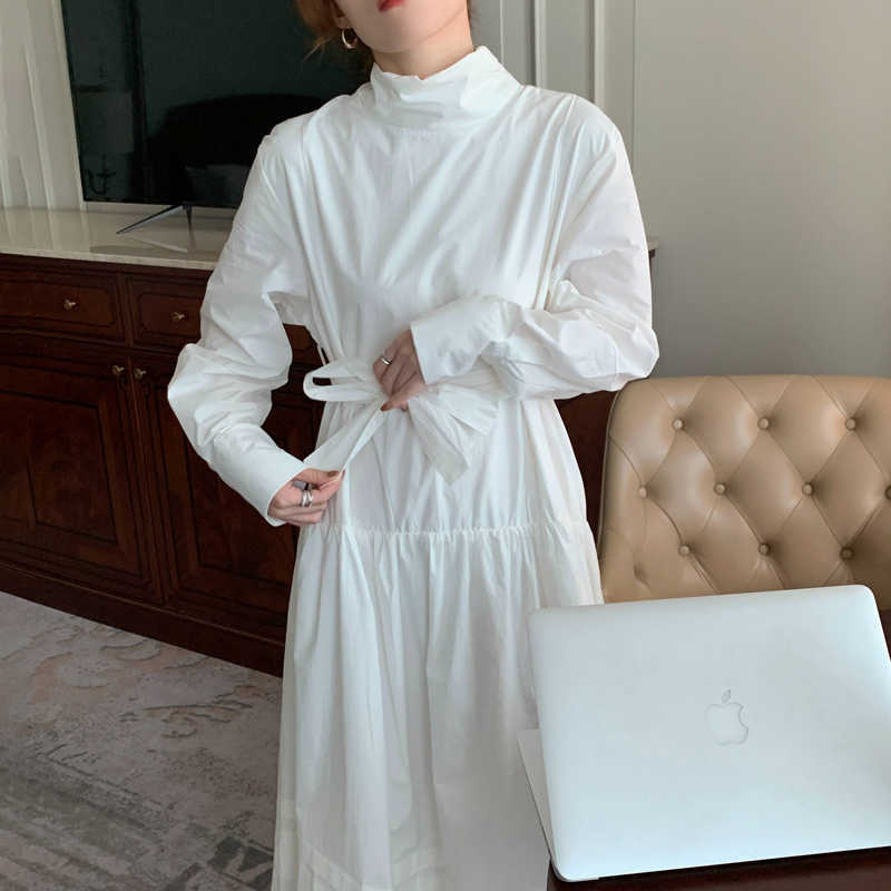 

LY VAREY LIN Spring Women Sweet Long Dress Gentle High-necked Back Neck Tie Pleated Waist Loose Long-sleeved 210526, White