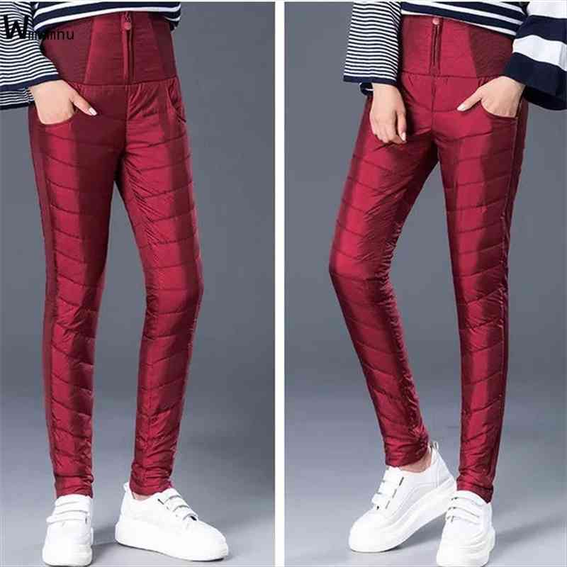 

fashion glossy high waist duck down trousers women winter snow wear oversized cotton pants casual thick warm leggings pants, Black;white