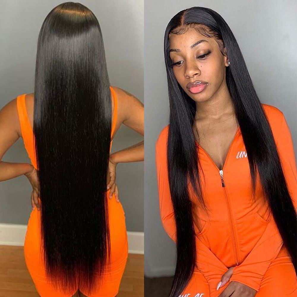 

30 Inch Bone Straight Human Hair Pre-Drawn Clear 13x6 Lace Front Human Hair Wig 4x4 Lace Closure Wig for Women Remy Glue Free Natural Hairline, Natural color