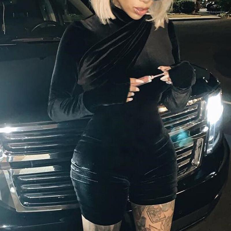 

Women' Jumpsuits & Rompers Elegant Party Clubwear Novely Autumn Winter Velvet Long Sleeve Gloves Playsuit For Women Turleneck Bodycon Zippe, Bk