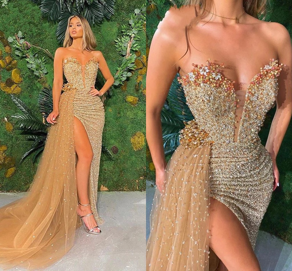 

Luxurious Champagne Gold Prom Dresses Sparkly Sequined Pearls Beaded Mermaid Evening Gowns Sexy High Split Tulle Peplum Women Formal Party Wear Arabic AL9570