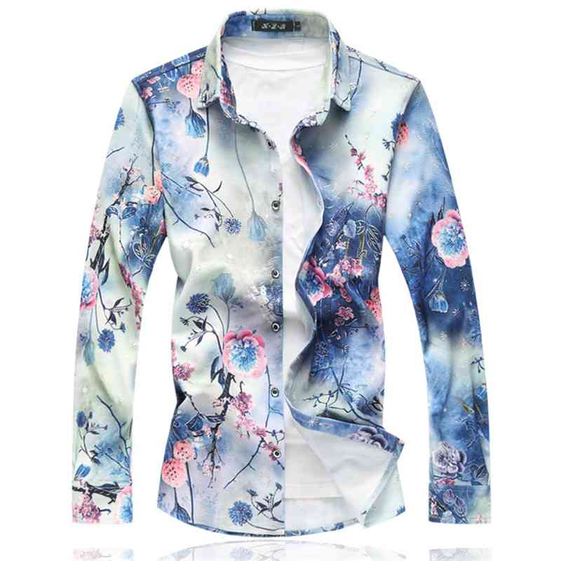 Taobao men&#039;s spring and autumn new Lapel large size Floral Shirt Men&#039;s Korean slim fit fat man printed long sleeve shirt-image-707042178