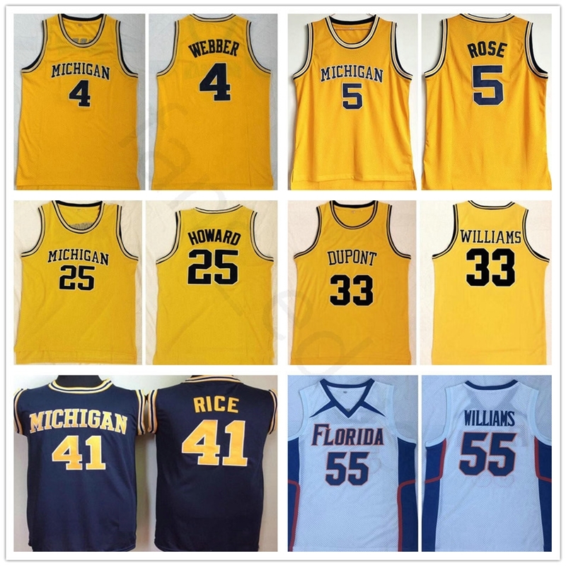 

Ncaa Michigan Wolverines College 5 Jalen Rose 41 Glen Rice 4 Chris Webber 25 Juwan Howard 33 Jason Williams Florida Gators Basketball Jersey, Black