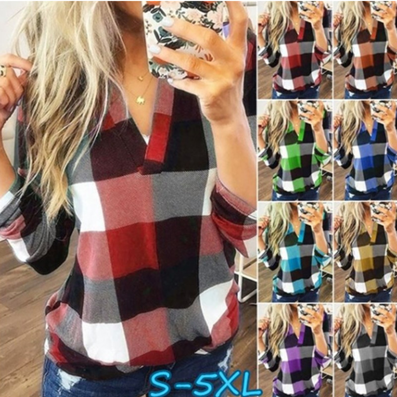 

Women Shirts Autumn Casual Plaid Shirt For Women Tops And Blouses Long Sleeve Red Ladies Plaid Shirts, Blue
