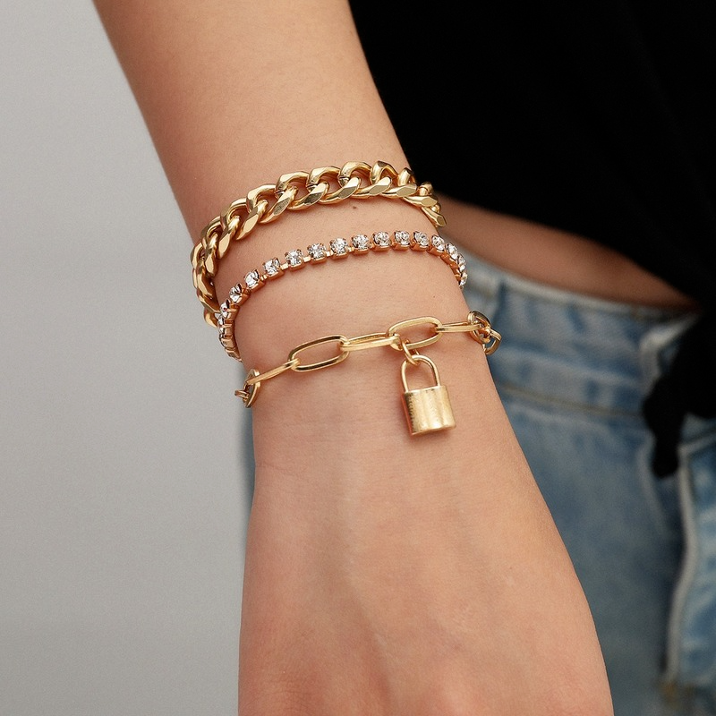 

3pcs Women Hips Hop Gold Color Crystal Thick Link Chain Bracelet set Chunky Chain Lock Charm Bracelet