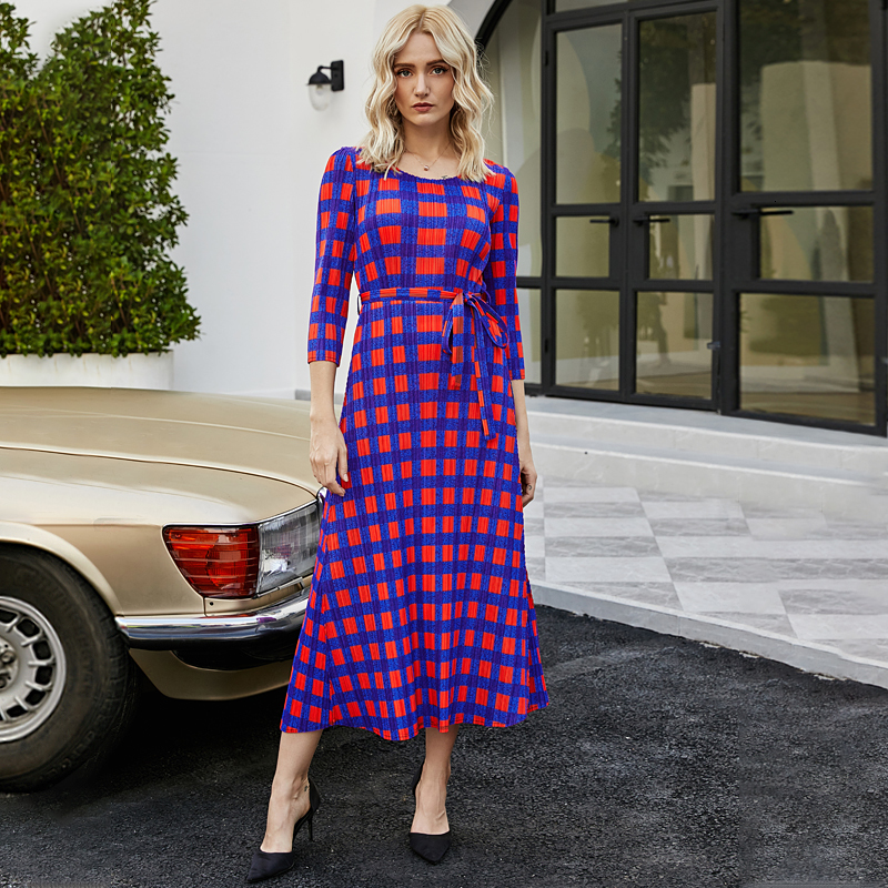 

2021 New Autumn Winter Plus Size Women Plaid Sleeve Sashes Long Ruched Outfits Ltdf, Photo color