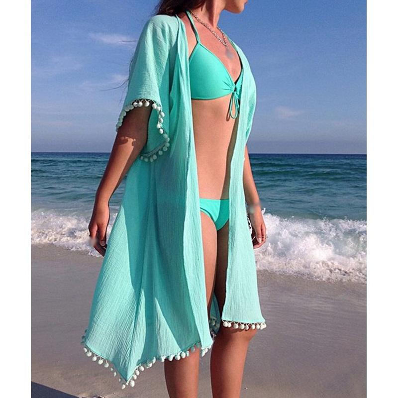 

Women's Swimwear Women Sexy Bikini Cover Up Short Sleeve Solid Color Open Front Swim Beach Tassel Cardigan Tunic Pareo V Neck Dress Robe, White