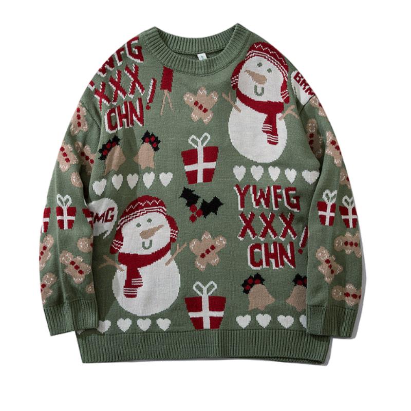 

Men's Sweaters Christmas Sweater Men O-neck Knitted Snowman Printing Pullovers Couple Coat Streetwear Loose Casual Long Sleeve For Man, White;black