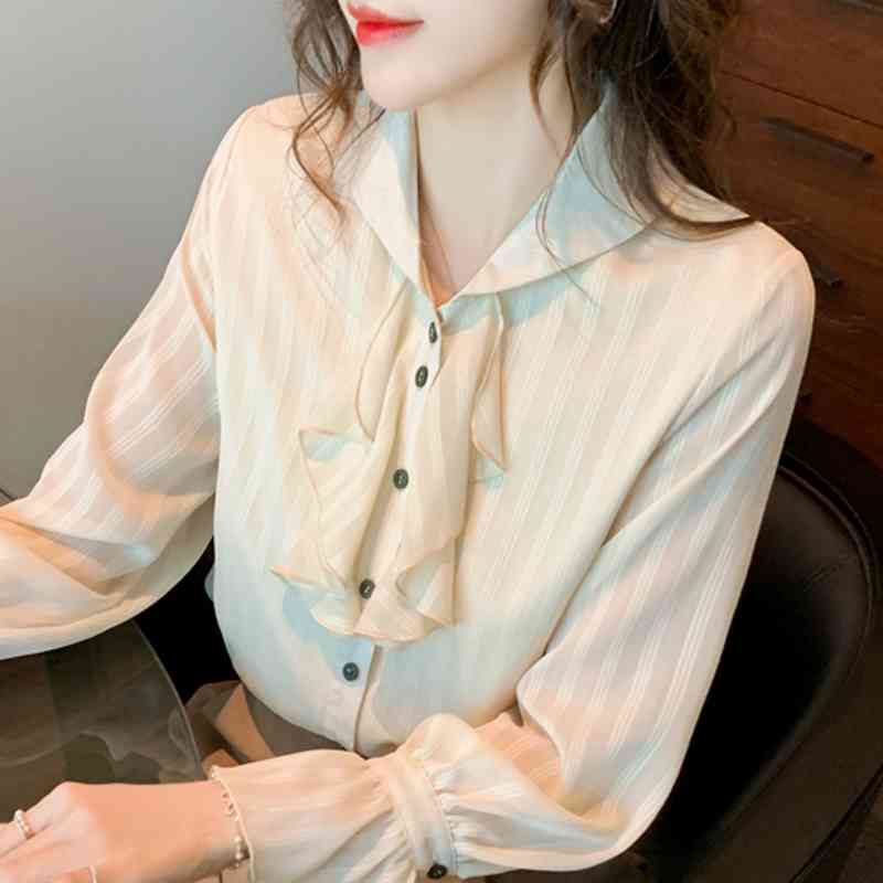 

Long Sleeve Women Shirt Ruffles V-Neck Striped Chiffon Blouse Shirt Women Tops Blusas Mujer De Moda Women Clothing E402 210602, Apricot