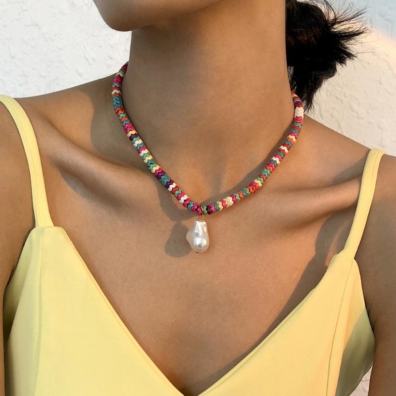 

Chokers Colorful Wave Chain Irregular Geometric Pearl Pendant Necklace For Women Boho Handmade Beaded Choker Bohemian Neck Collar