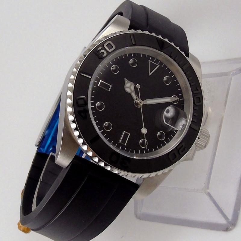 

Wristwatches BLACK Luxury SUB Automatic Men Watch Sapphire Crystal 21 Jewels MIYOTA 8215 Rubber Strap, Glass case back