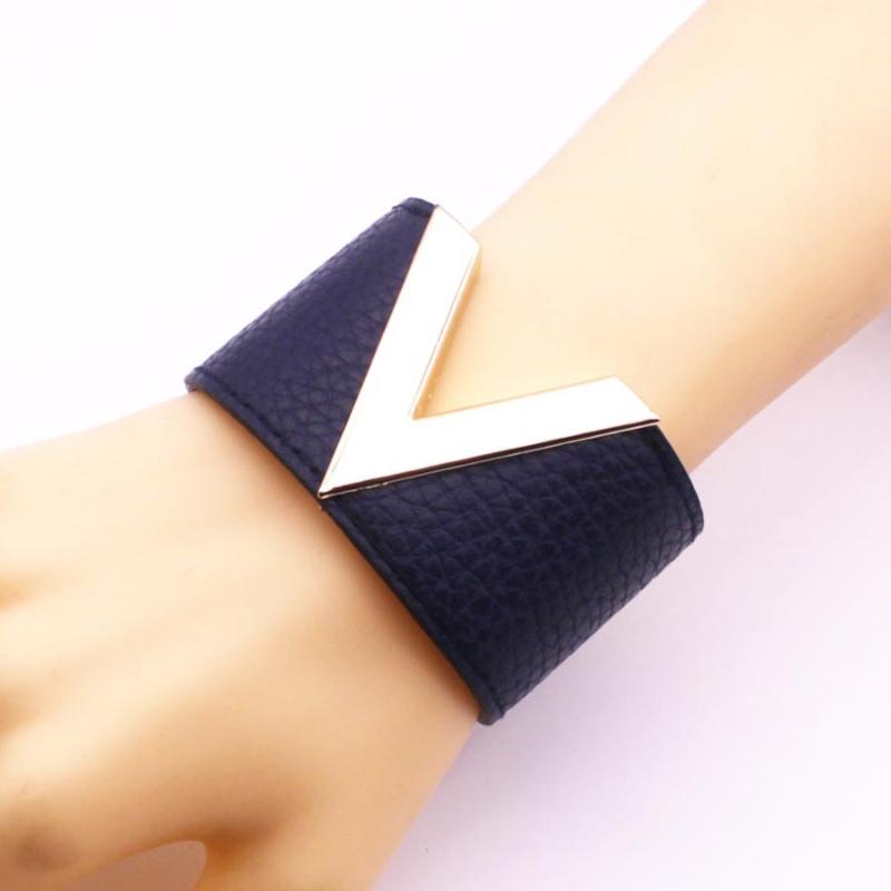 Tennis Fashion Leather Personality V Word Charm Bracelet Simple Design All Match Women Wrap Wristband Trend Jewelry-image-707229705
