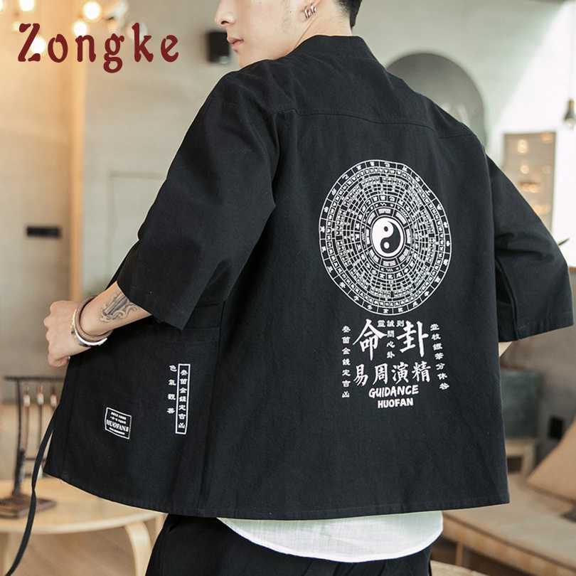 

Zongke Linen Chinese Style Kimono Men Japanese Cardigan Harajuku Shirt Streetwear Hawaiian 5XL 210721, Grey