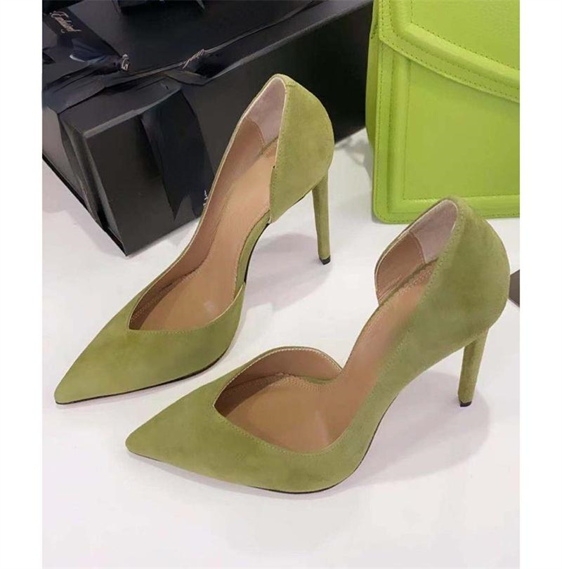 

designer Dress Shoes Fall Pointed Toe Low-Cut Women's Elegant Side Empty Mid Heel Suede Green High Heels, Green (8cm)