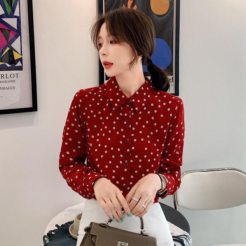

Casual women long sleeve shirt dot printed cotton blouse office ladies formal blusa tops, Red