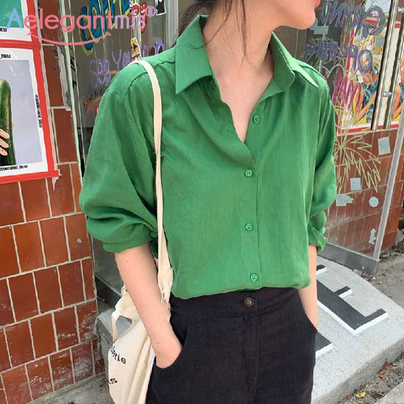 

Aelegantmis Vintage Korean Women Solid Green Blouse Shirt Spring Stylish Retro Female High Street Long Sleeve Fashion 210607