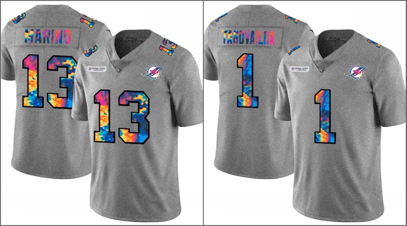 

Miami''Dolphins''Men #1 Tua Tagovailoa 13 Dan Marino Grey Heather Multi-Color Women Youth Crucial Catch Jersey
