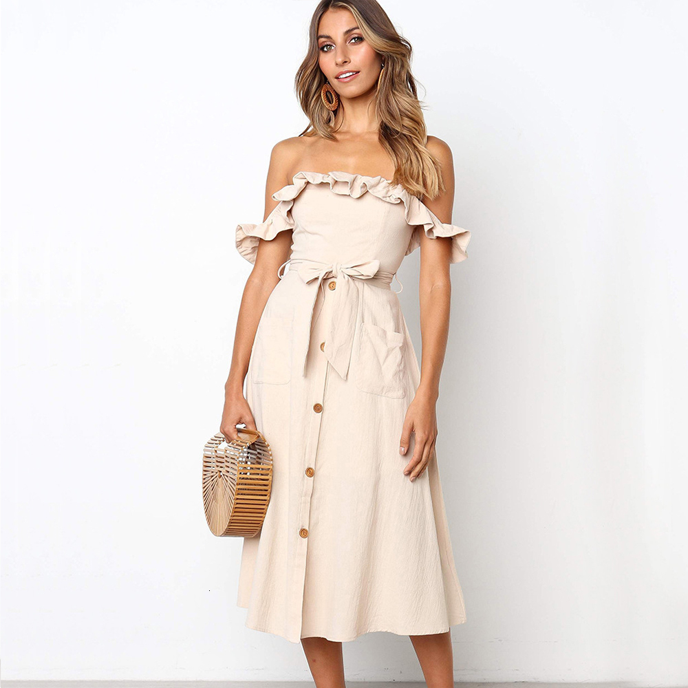 

2021 New Casual Short Sleeve Off Shoulder Ruffled Summer Solid Sashes Midi Button Pockets Maxi Sexy S47n, Khaki