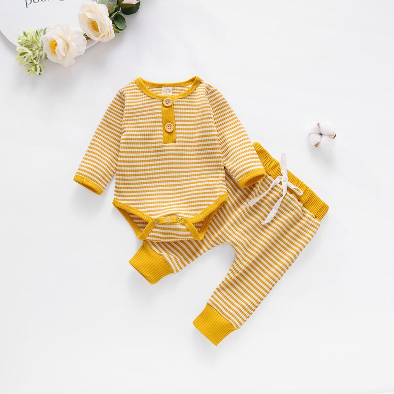 

Clothing Sets Born Suits Spring And Autumn Baby Boys Girls Clothes Pinstripe Long-sleeved Catsuit Casual Pants Set, White