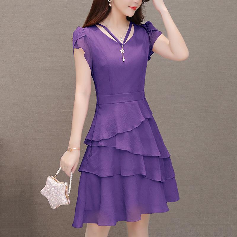 

Casual Dresses 2021 Summer Chiffon Dress Women V-Neck Solid Short Sweet Ruffle Sleeeve Slim Layered Plus Size, Black