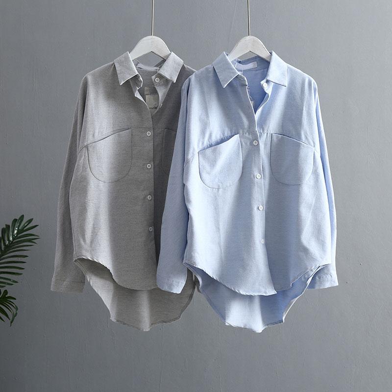 

Hot Women Blouse Long Sleeve Tops Shirt Vintage with Pockets Solid Color for Spring Summer, Blue