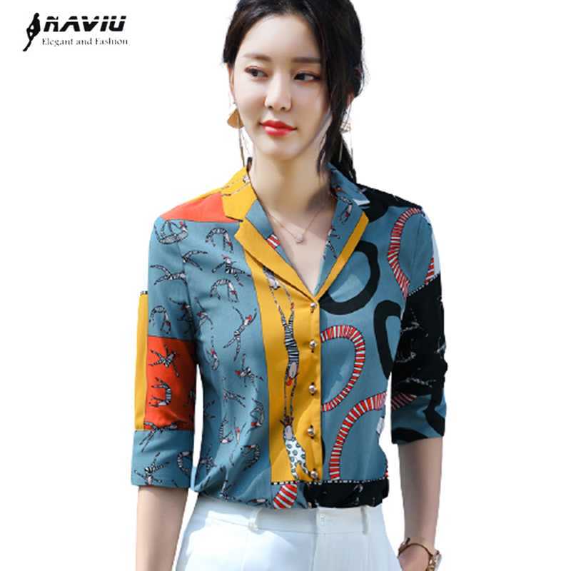 

Printed Chiffon Shirt Women Fashion V Neck Half Sleeve Office Blouse Casual Tops Plus Size Blusas Femininas 210604, Printed shirt
