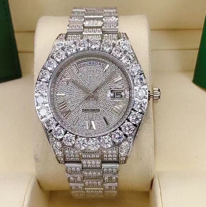

Luxury Men's Watch Three-dimensional Roman Literal Dial Silver Full Rhinestone Stainless Steel Strap Automatic Date, Silver face