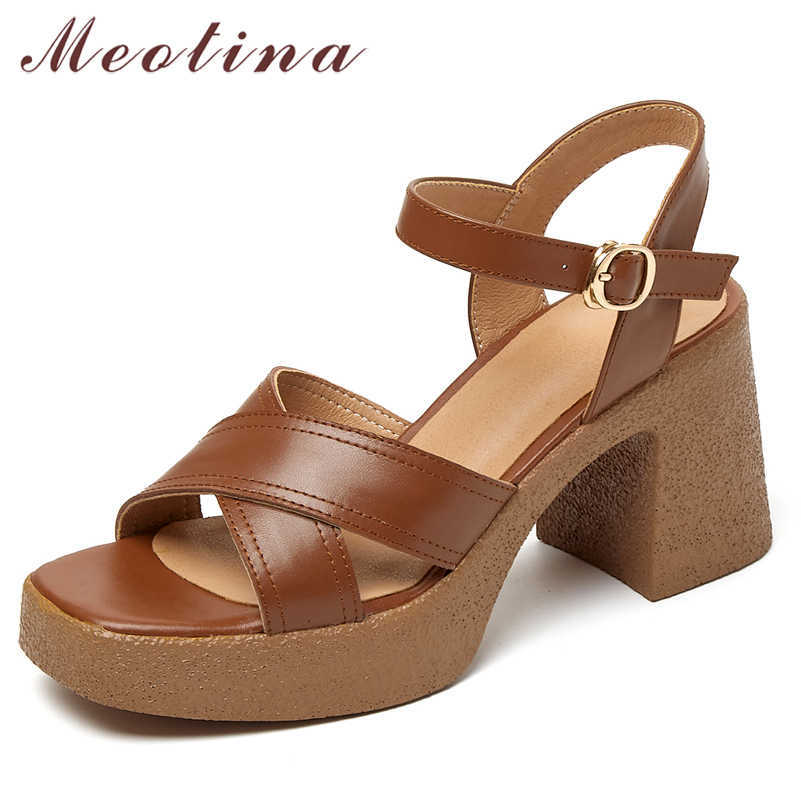 

Meotina Shoes Women Genuine Leather Sandals Super High Heel Buckle Sandals Square Toe Thick Heel Ladies Footwear Summer Apricot 210608