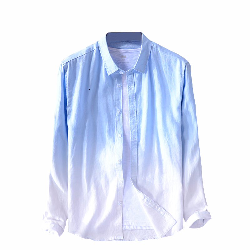 

2021 New 100% Marca Linho Longo-sleeved Ocasional Dos Homens De Moda Estilo Gradiente Camisa Masculina Camisas Udcy, Sky blue