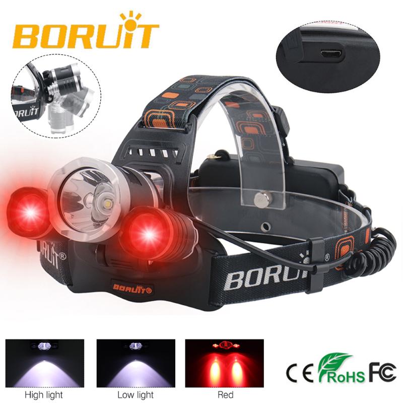 

BORUIT LED Headlamp 6000LM XM-T6+2*XPE Red Headlight Torch 3-Mode Micro USB Violet Head Torch Out Door FISHING Hunting