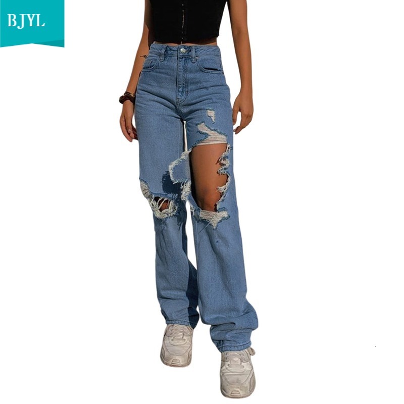 

2021 New Women's Fashion Sexy Casual Big Holes Long Trousers Jeans Ripped Frayed Loose Denim Pants Women Clothing 7st1, Beige