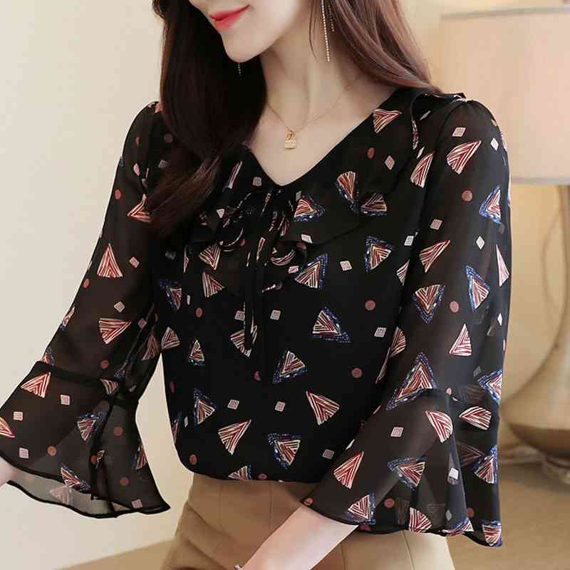 

Blouse Women Blusas Mujer De Moda Print Chiffon Blouse Shirt Women Tops Summer Flare Sleeve Blouse Tops Women Shirts D178 210602, Apricot