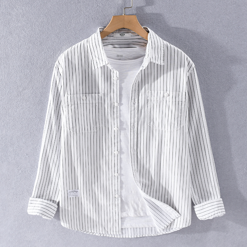 

2021 Style Long Sleeve Striped for Japanese Man in the Simple Fashion Cotton Shirts Nice Men's Chemise Shirt Rceo, White