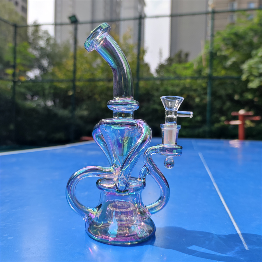 

9 Inch 22CM Rainbow Metalic Tinted Hookah Glass Bong Water Pipe Recycler 14mm Joint Smoking Bubbler