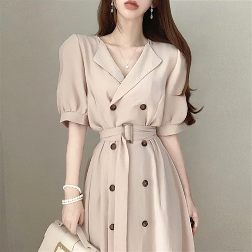 

korean summer style Retro temperament lapel double-breasted over the knee long lace-up waist office shopping for women dress 210602, Meters apricot