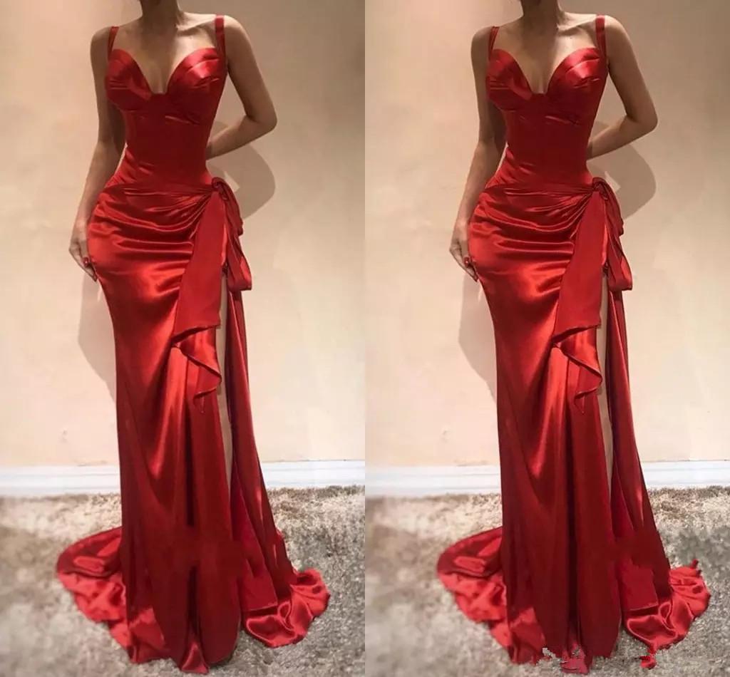 

Elegant Red Long Evening Dresses 2021 Sweetheart Mermaid Formal Prom Dress With Slit Sweep Train Zipper Side Split Evening Gowns Satin Bow, Champagne