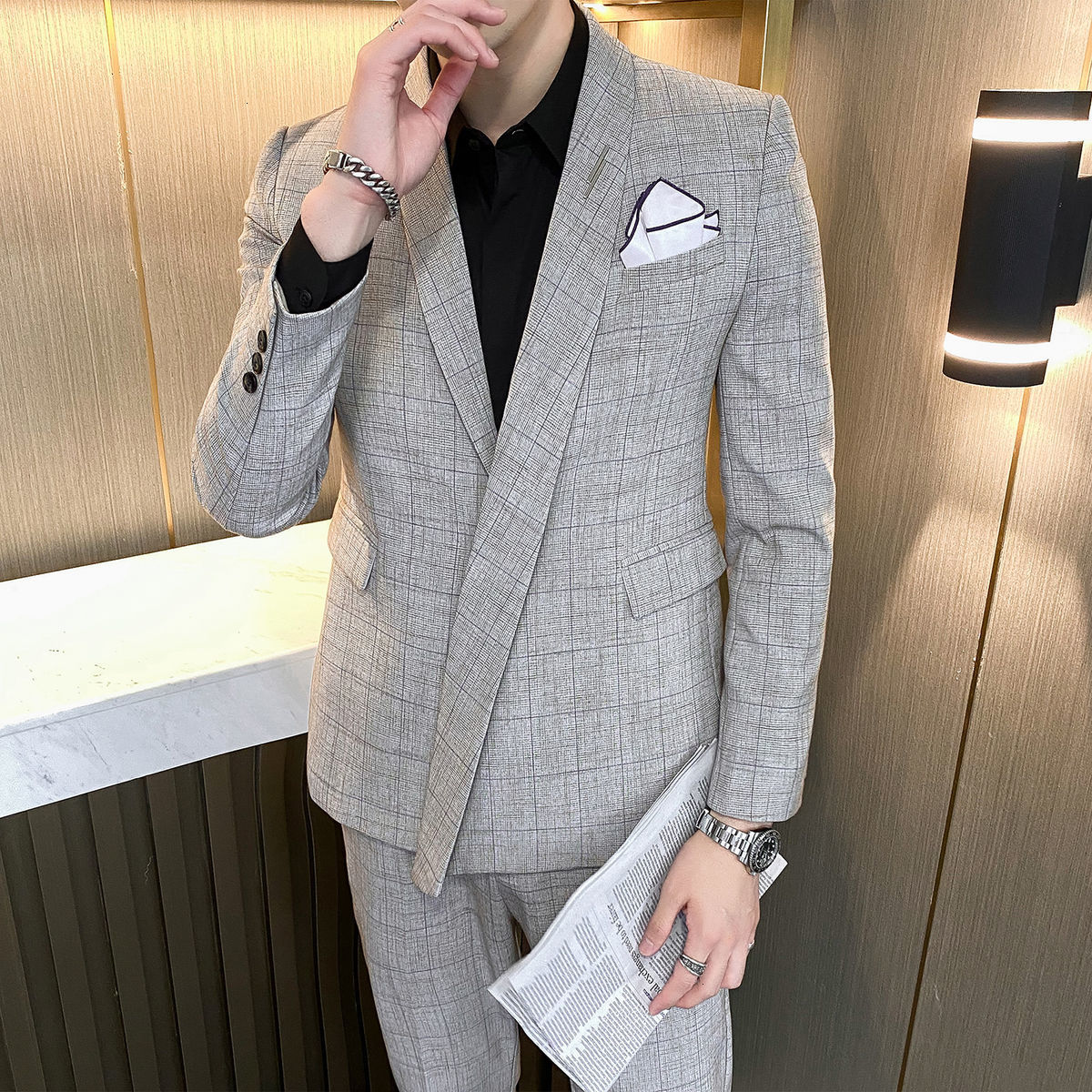 

New Asymmetry 2021 Spring Blazer High Quality Personalized Lattice Wedding Two Piece Men Tuxedo Suit Uomo Zj5t, Gray