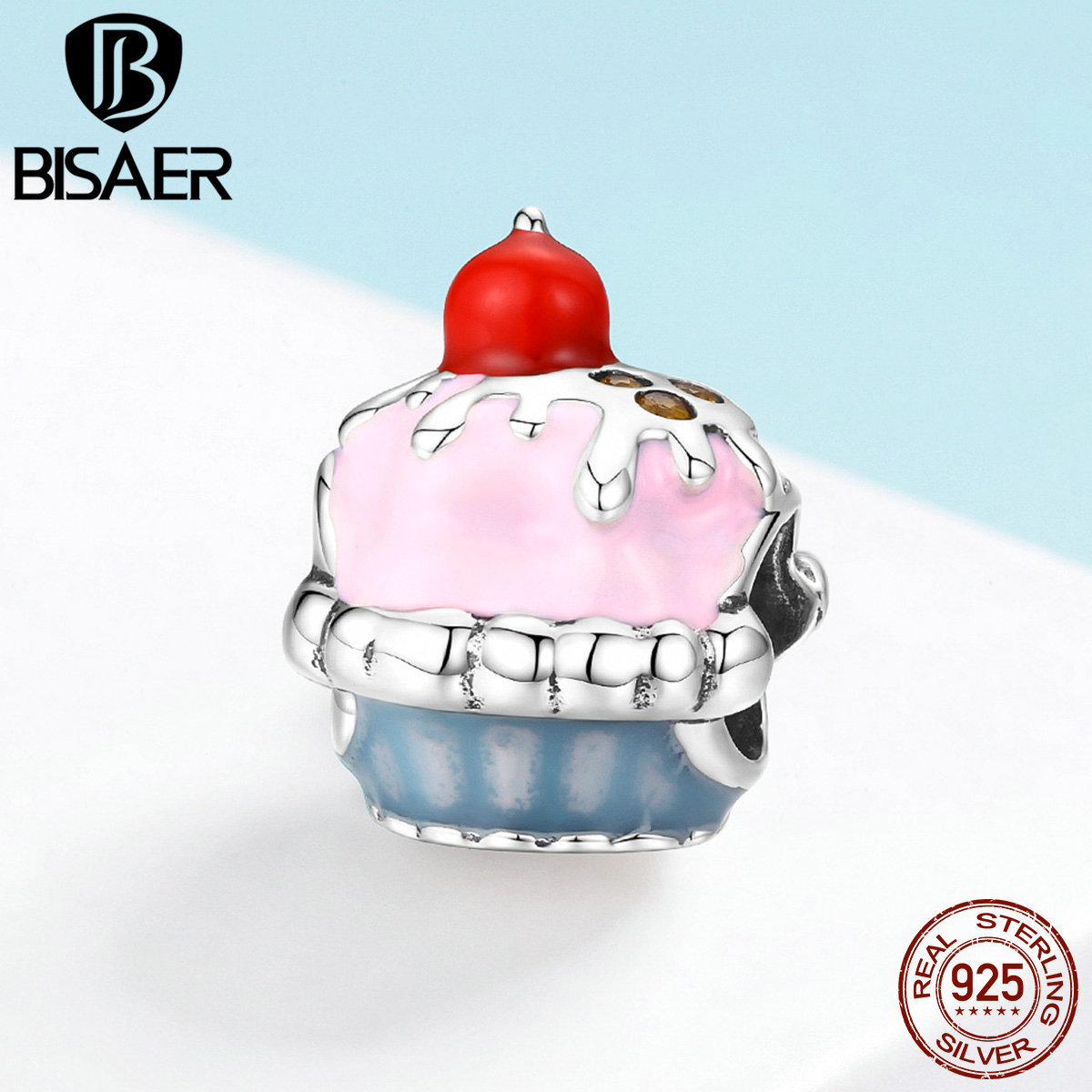 

BISAER 925 Sterling Silver Cup Cake Enamel Birthday Cake Beads fit Women Charms Bracelets 925 Silver Jewelry ECC1084 Q0531
