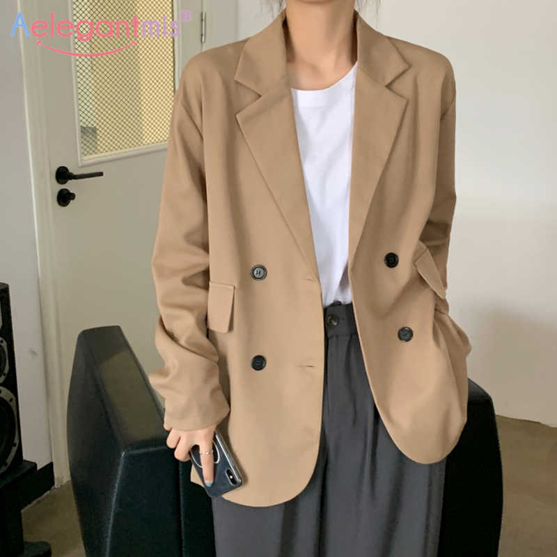 

Aelegantmis Korean Loose Office Lady Blazer Coat Women Casual Vintage Jacket Female Double Breasted Outwear Suit Chic 210607, Black