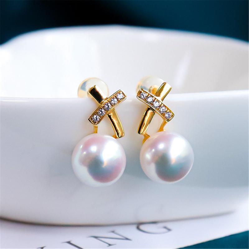 

Stud Akoya Pearl Earrings 18k Gold Japan Natural Ocean Perle With Zircon For Women Classic Simple Design Round Luxury Jewelry