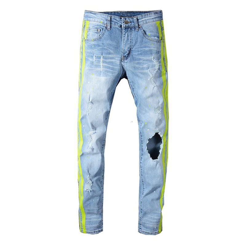 

2021 New Men's Male Casual Man Neon Yellow Color Lines Patchwork Ripped Jeans Fashion Holes Destroyed Denim Stretch Pants Trousers Hq3w, Beige