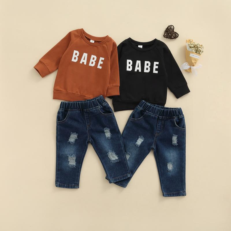 

Clothing Sets Infant Boys Casual Two-piece Clothes Set, Letters Printed Pattern Round Collar Sweatshirt And Elastic Waist Jeans, Brown/ Blac