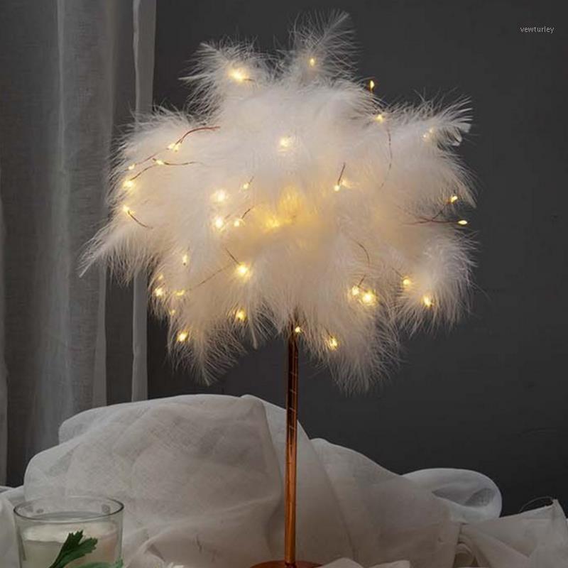 

Party Decoration LED Feather Table Lamp Romantic Bedroom Desk Elegant Night Light Wedding Glow DecorUSB Battery Dual Use Pink White