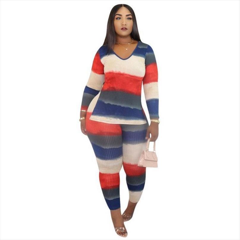 

sweet colorful stripe print womens pants two piece sets v neck and skinny suit autumn ribbed streetwear 2, White